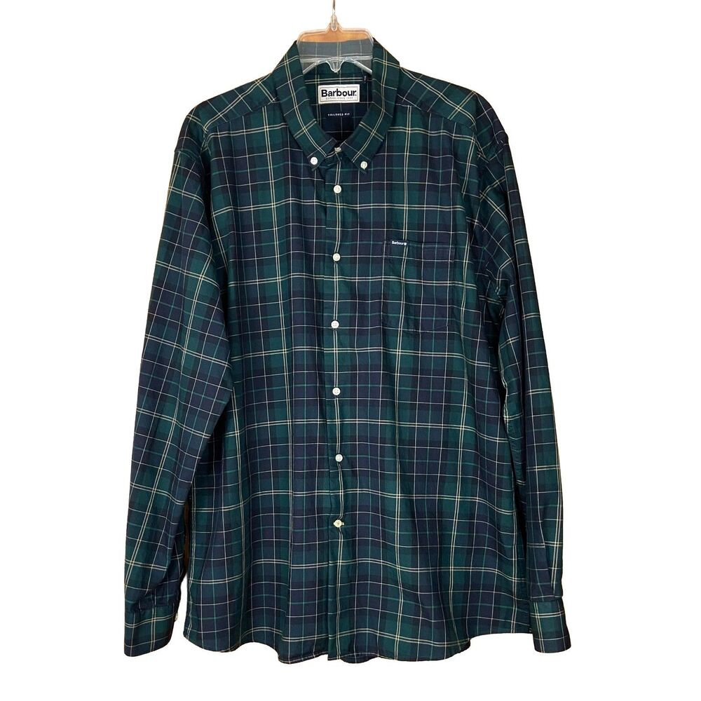 Barbour Long Sleeve Tailored Fit Button Down Shirt Size XL Green Plaid Cotton